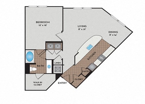 Floor plan for 1 bed, 1 bath, 873 sqft